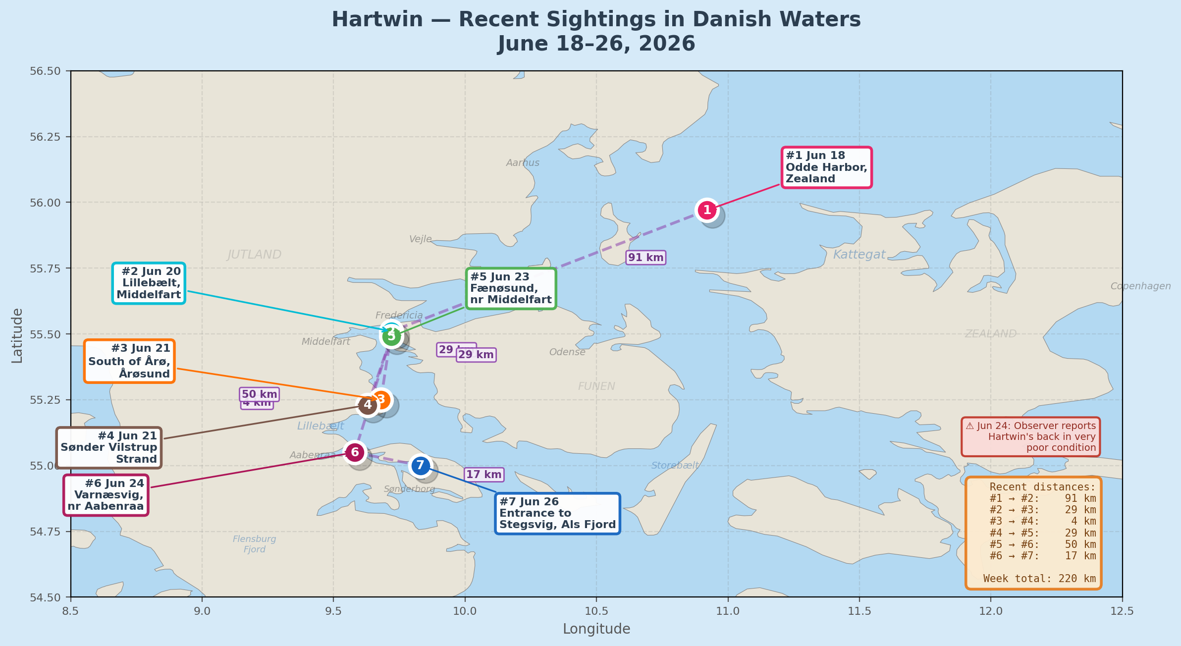 Hartwin - Recent Sightings in Danish Waters, June 18-26, 2026. Seven sightings showing movement through Lillebælt and into Als Fjord. 220 km in eight days.
