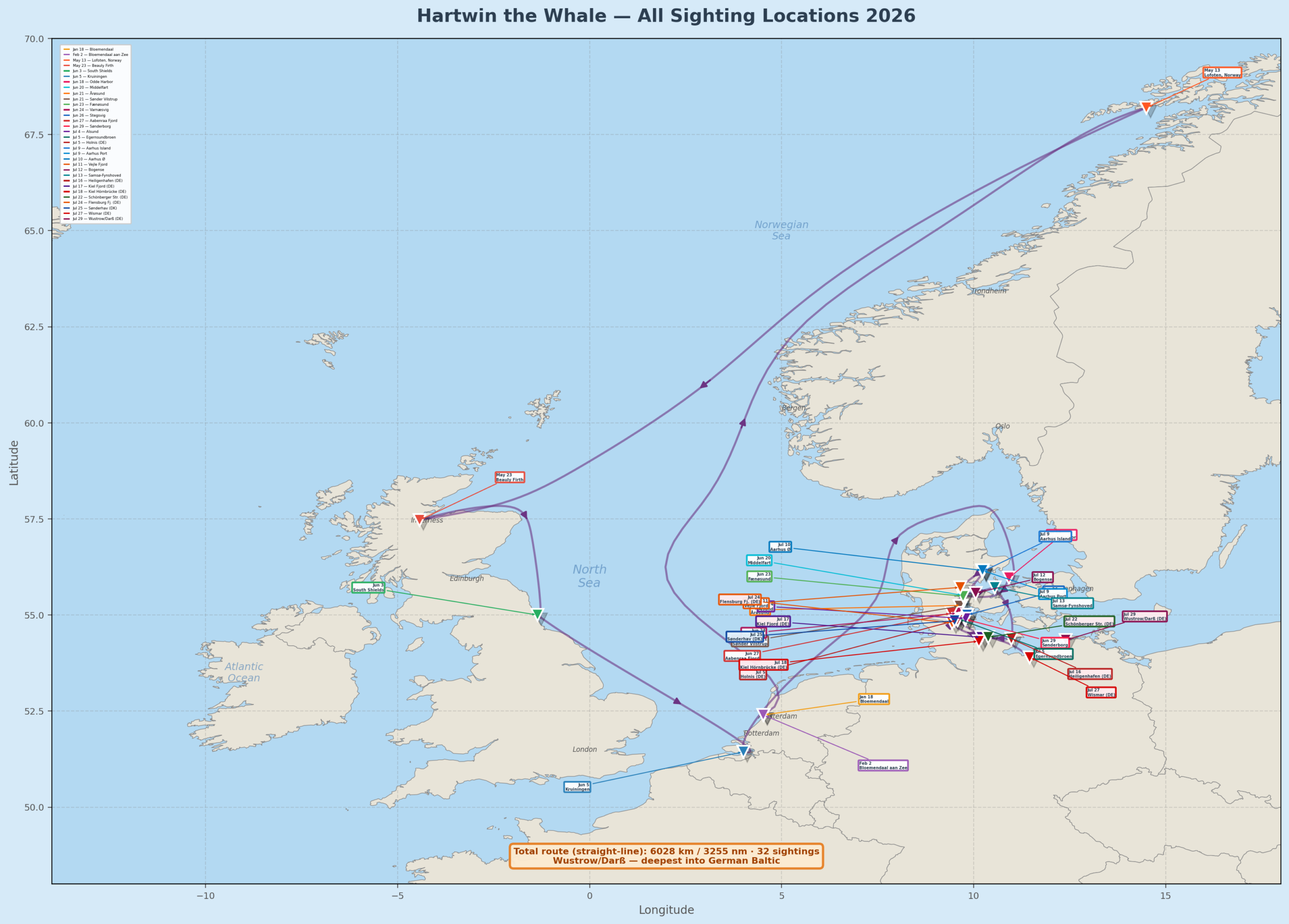 Hartwin the Whale - Sighting Locations 2026, full route across the Netherlands, Norway, UK, and Denmark.