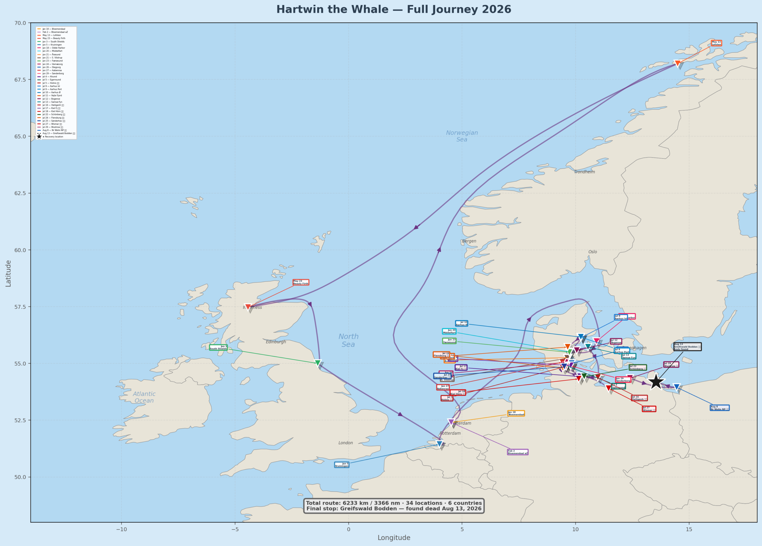 Hartwin the Whale - Sighting Locations 2026, full route across the Netherlands, Norway, UK, and Denmark.