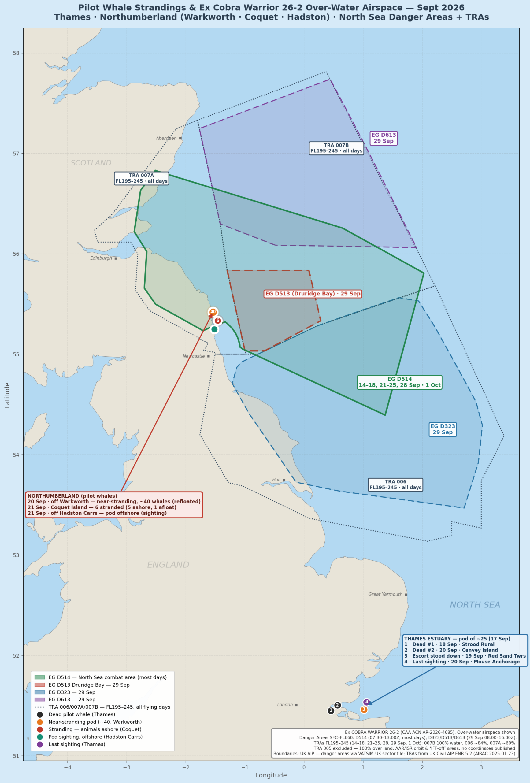 Combined sightings map of UK pilot whale events, September 2026